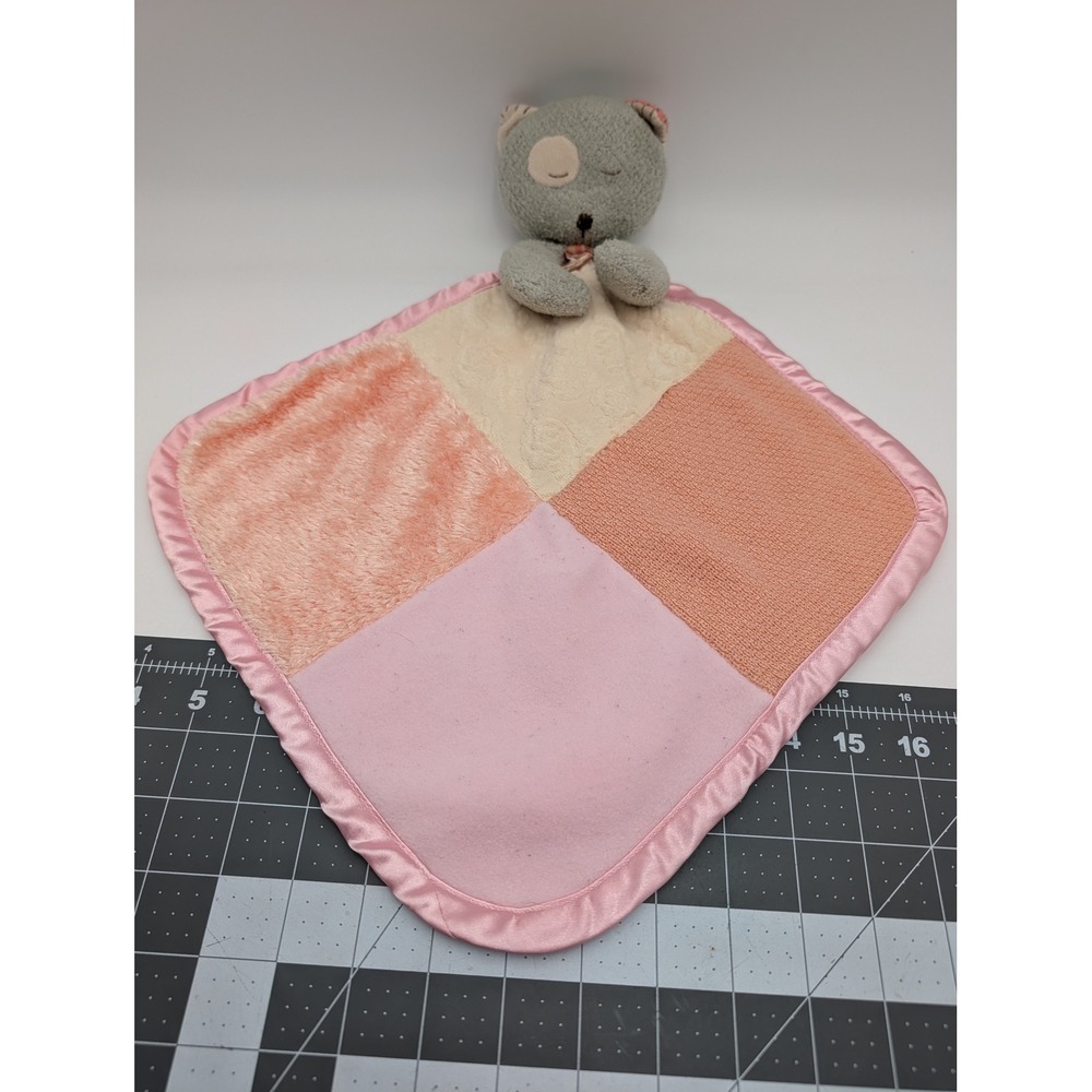 Kids II Cat Lovey Security Blanket Pink Gray Patchwork Satin Trim Plush